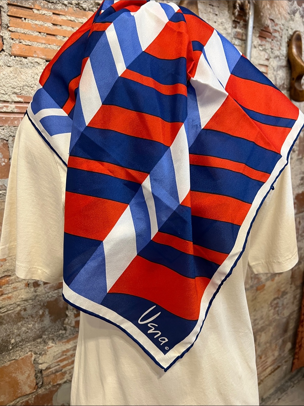 Vintage Vera Neumann Red and Blue Geometric Pattern Scarf Large 26” Square.